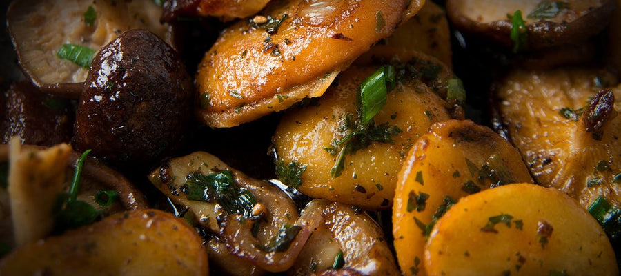 Kastanjechampignons met gehakt en spekjes en Hertog Jan Bockbier