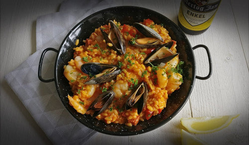 Paëlla met gamba's, coquilles en mosselen en Hertog Jan Hoppig Blond - Hertog Jan Online Brouwerijwinkel